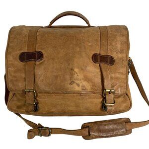 VTG Tan Distressed Leather Messenger Laptop Bag Adjustable Strap & Brass Buckles